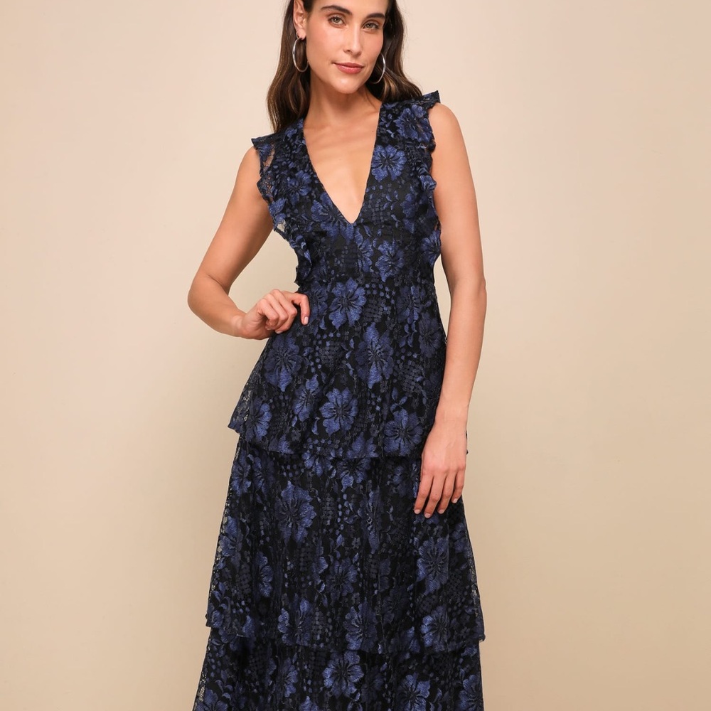 Lulu's Molinetto Navy Floral Lace Maxi Dress